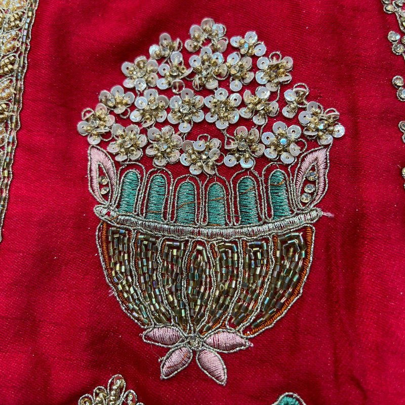 Amrapali - Palm Tree Handwork Raw Silk Royal Red Bridal Lehenga