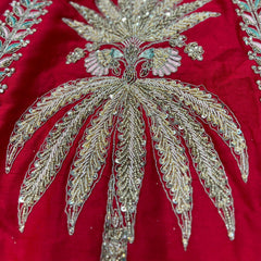 Amrapali - Palm Tree Handwork Raw Silk Royal Red Bridal Lehenga