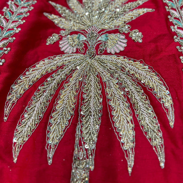 Amrapali - Palm Tree Handwork Raw Silk Royal Red Bridal Lehenga