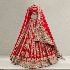 Amrapali - Palm Tree Handwork Raw Silk Royal Red Bridal Lehenga