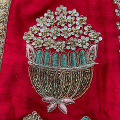 Amrapali - Palm Tree Handwork Raw Silk Royal Red Bridal Lehenga