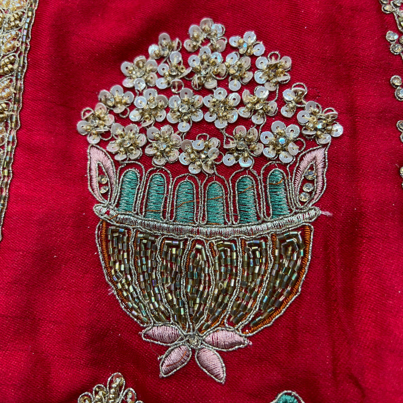 Amrapali - Palm Tree Handwork Raw Silk Royal Red Bridal Lehenga