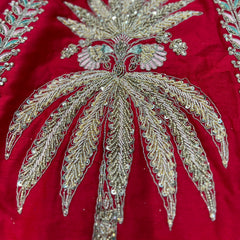 Amrapali - Palm Tree Handwork Raw Silk Royal Red Bridal Lehenga