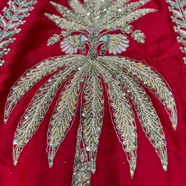 Amrapali - Palm Tree Handwork Raw Silk Royal Red Bridal Lehenga