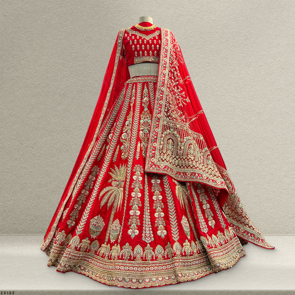 Amrapali - Palm Tree Handwork Raw Silk Royal Red Bridal Lehenga