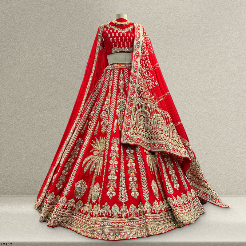 Amrapali - Palm Tree Handwork Raw Silk Royal Red Bridal Lehenga