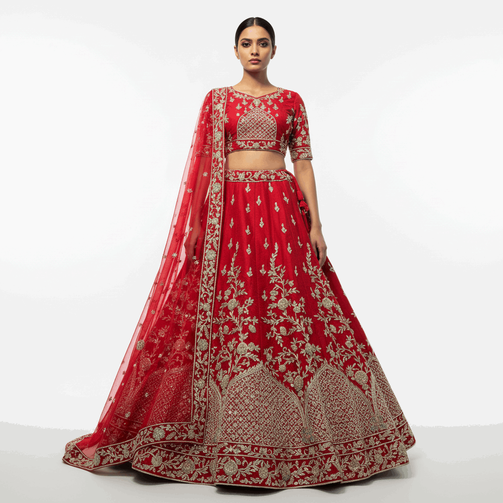 Amrapali - Minimal Sabya Zardosi Raw Silk Royal Red Bridal Lehenga