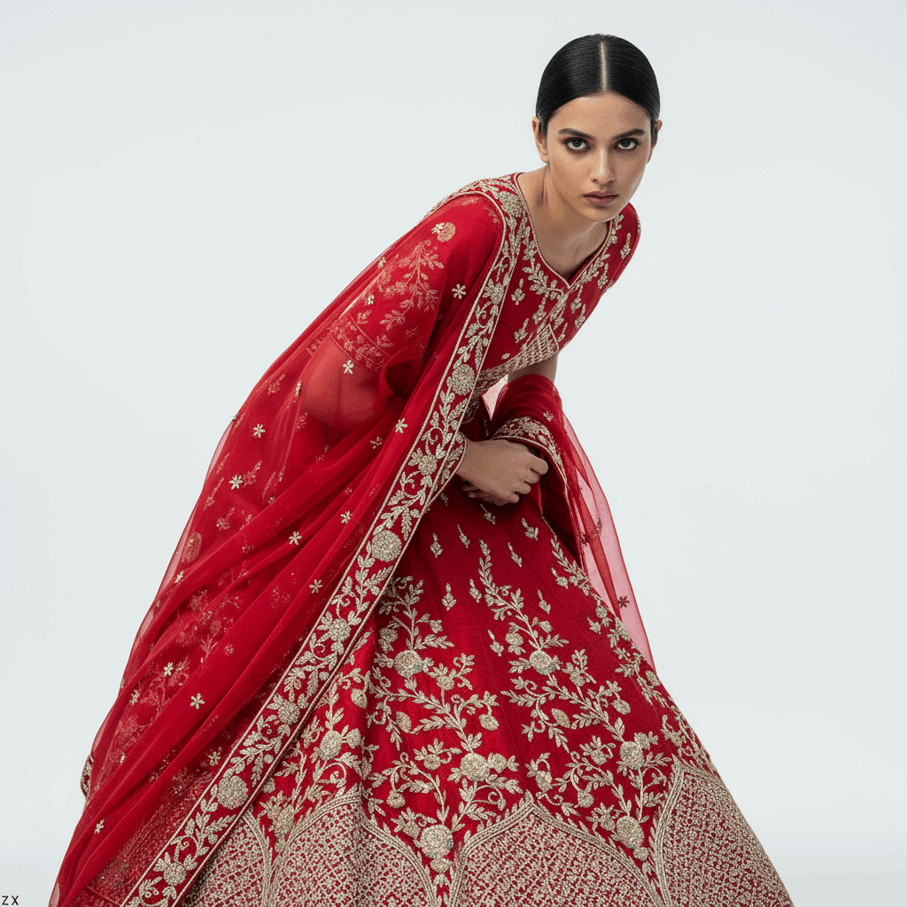 Amrapali - Minimal Sabya Zardosi Raw Silk Royal Red Bridal Lehenga