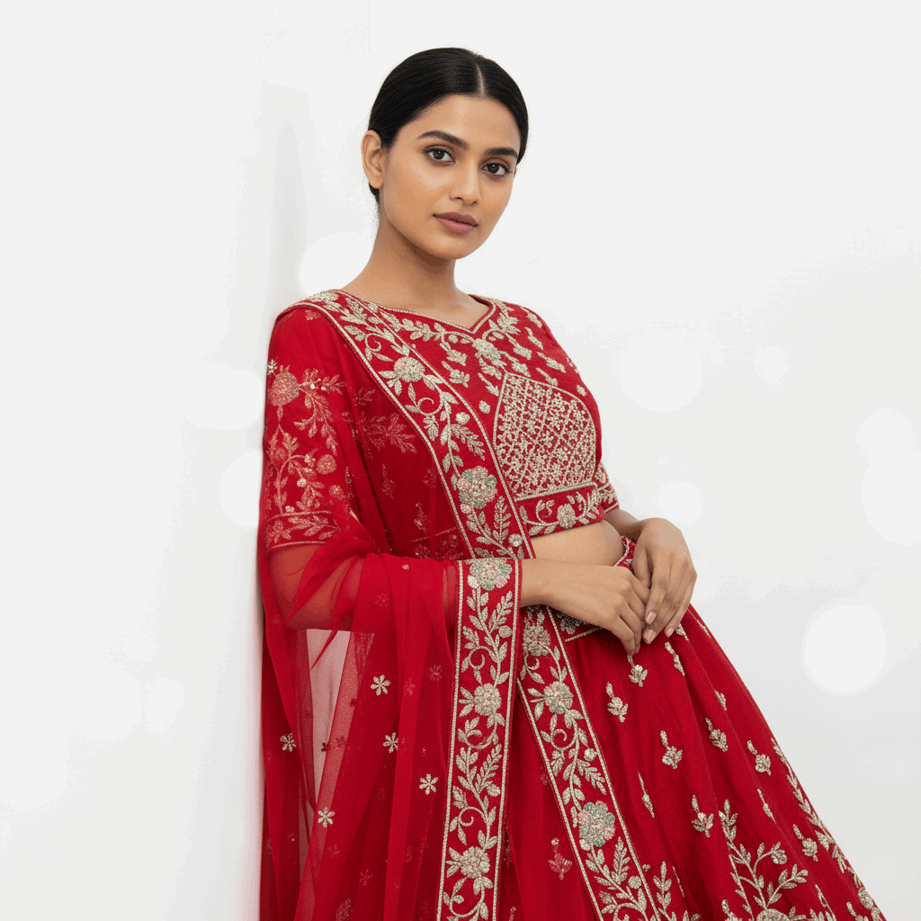 Amrapali - Minimal Sabya Zardosi Raw Silk Royal Red Bridal Lehenga