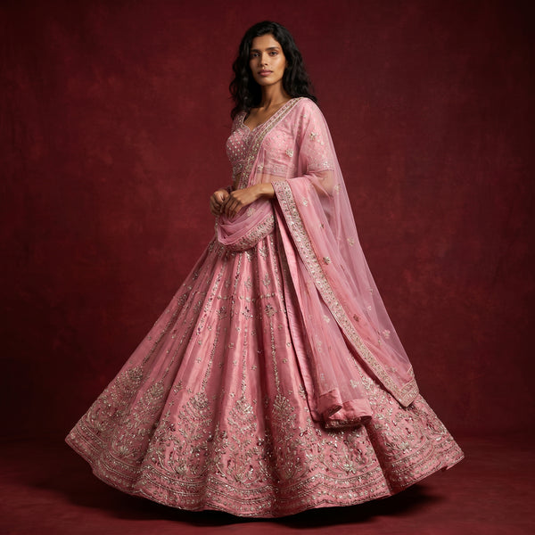 Pink designer lehenga with gold zardosi embroidery and matching dupatta, flared skirt