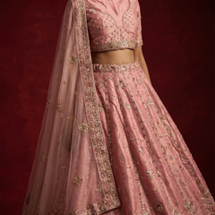 Pink blouse and lehenga with gold zardosi embroidery, glittering motifs, and scalloped waistband