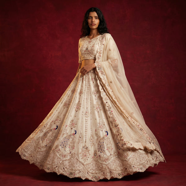 Ivory bridal lehenga with zardozi peacock and floral embroidery motifs