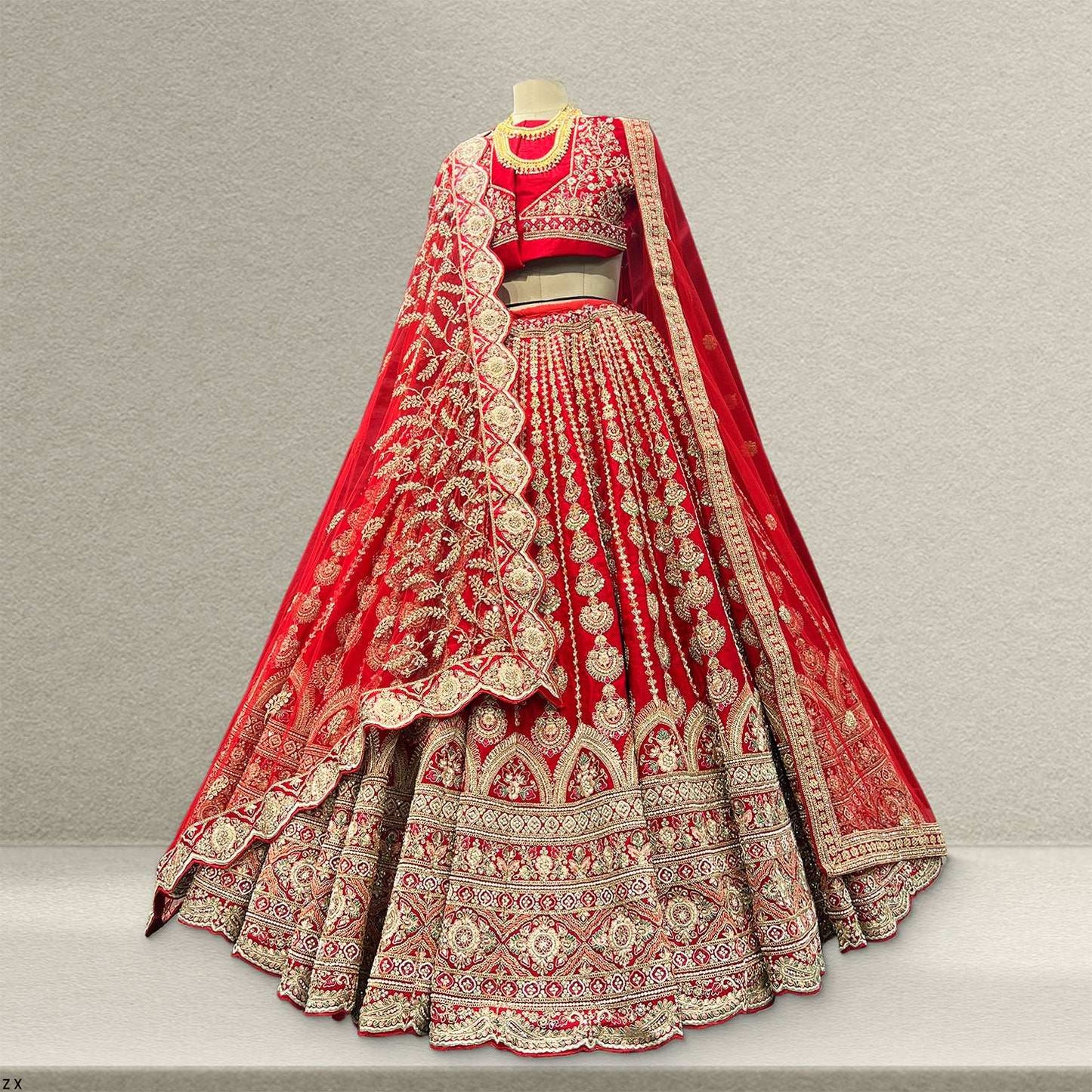 Amrapali - Vertical Kali Pattern Raw Silk Royal Red Bridal Lehenga