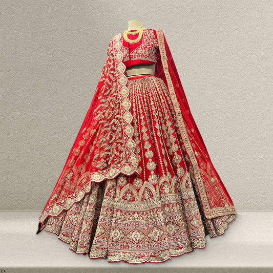 Amrapali - Vertical Kali Pattern Raw Silk Royal Red Bridal Lehenga
