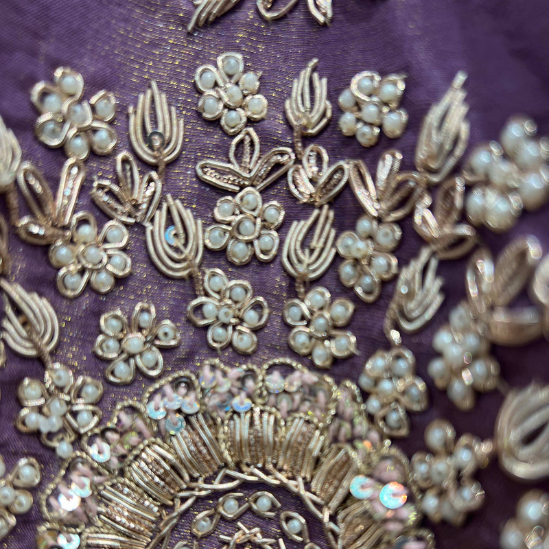 Lavender fabric with silver-gold bead and thread embroidery motif cluster