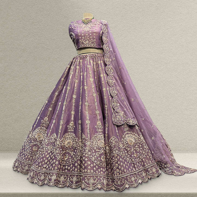 Lavender designer lehenga with gold-toned zardosi embroidery and matching dupatta