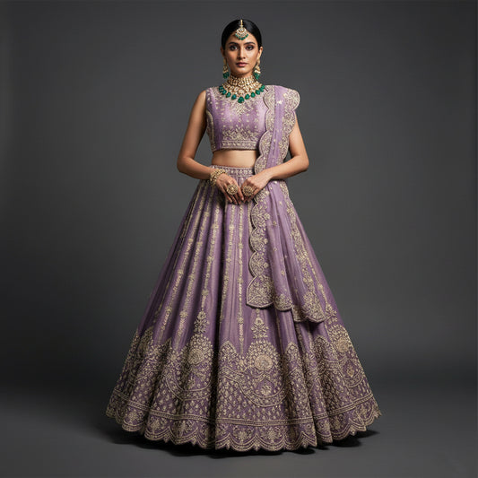 Amrapali - Tissue Silk Zardosi Handwork Lavender Royal Look Designer Lehenga