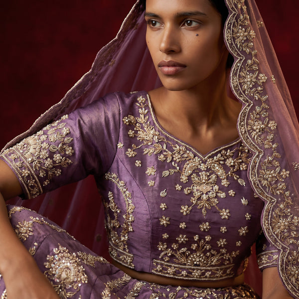 Lavender designer lehenga blouse with gold zardosi embroidery and scalloped neckline