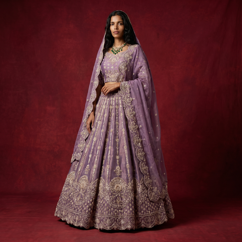 Lavender designer lehenga with gold Zardosi embroidery and scalloped hem, paired dupatta
