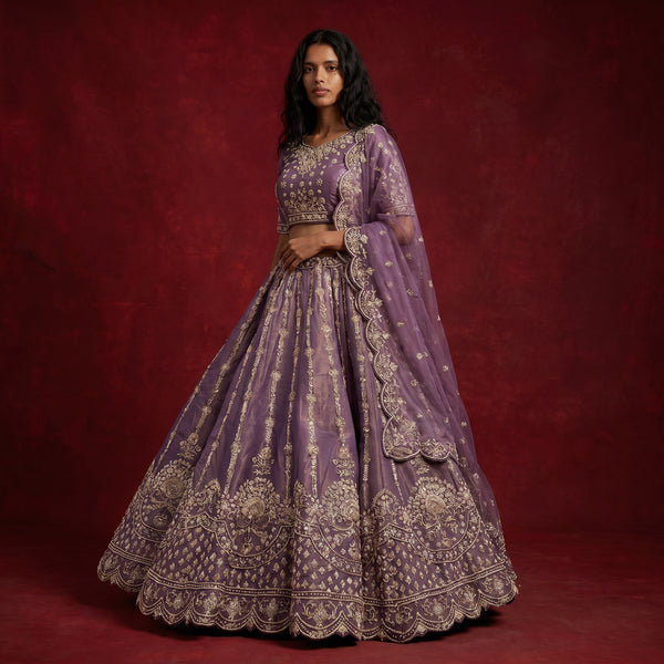 Lavender lehenga skirt with ornate gold border, matching dupatta, full flare