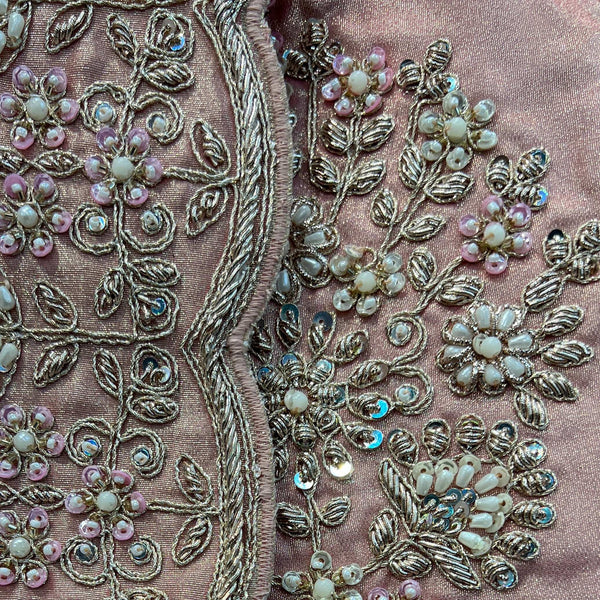 Blush pink fabric with silver and pastel beadwork zardosi embroidery pattern