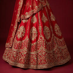 Red bridal lehenga skirt with ornate gold zardosi embroidery and wide hem border