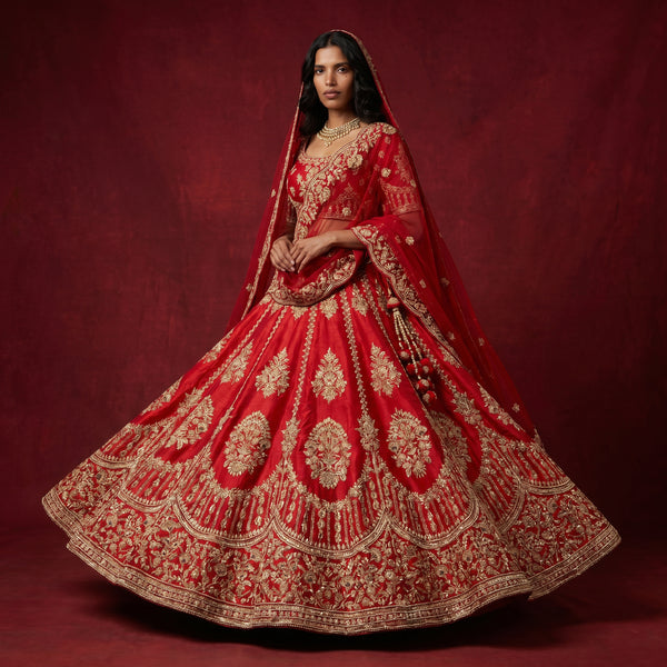 Royal red raw silk bridal lehenga with gold zardosi embroidery and flared skirt