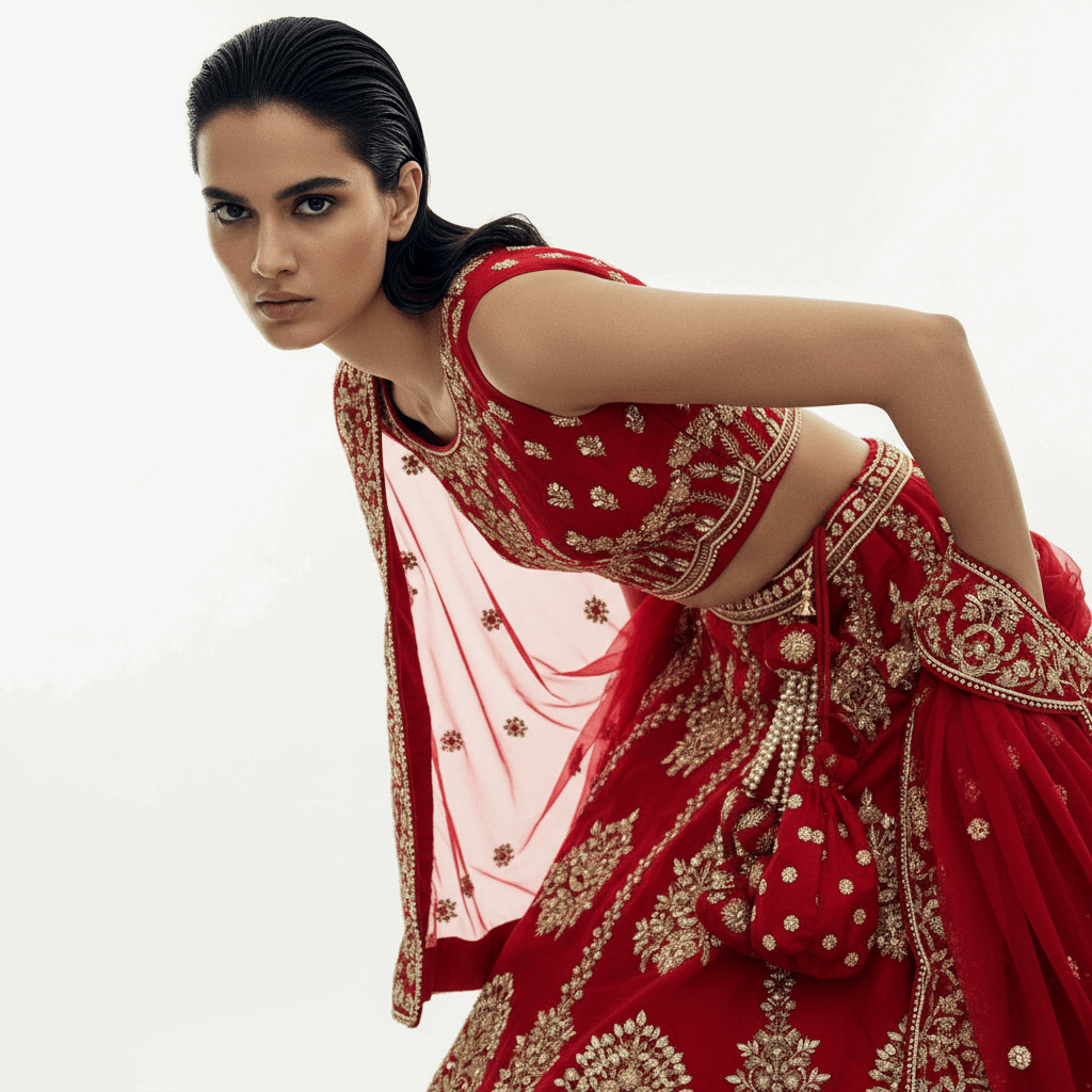 Amrapali - Minimal Sabya Zardosi Raw Silk Royal Red Bridal Lehenga