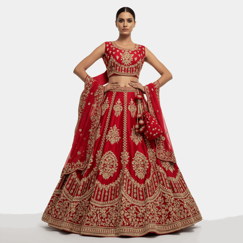 Amrapali - Minimal Sabya Zardosi Raw Silk Royal Red Bridal Lehenga