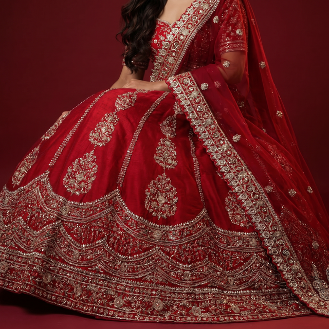 Red lehenga skirt with detailed vertical floral embroidery and sparkling beaded trim