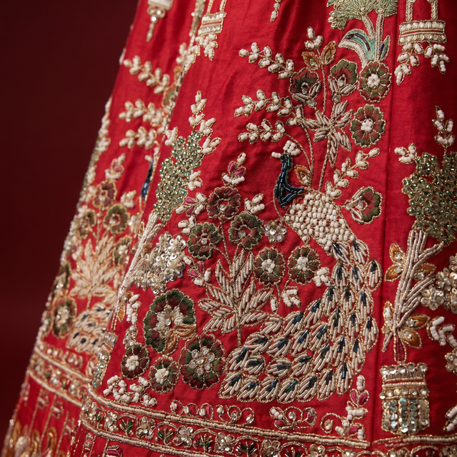Red bridal lehenga fabric with dense multicolor bead and sequin embroidery details.
