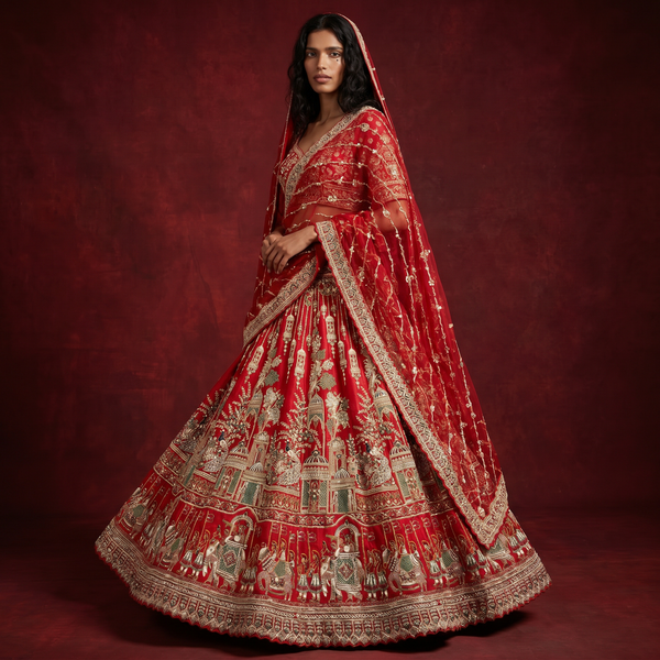 Amrapali - Doli Baraat Big Flared Raw Silk Royal Red Bridal Lehenga