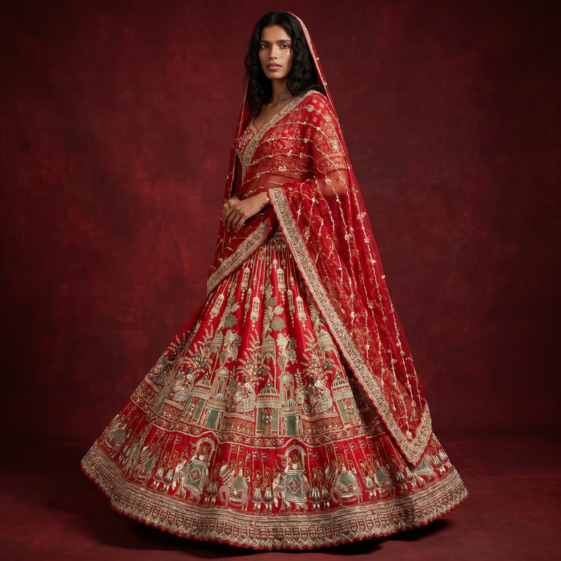 Red bridal lehenga skirt with wide embroidered border and big flared silhouette.