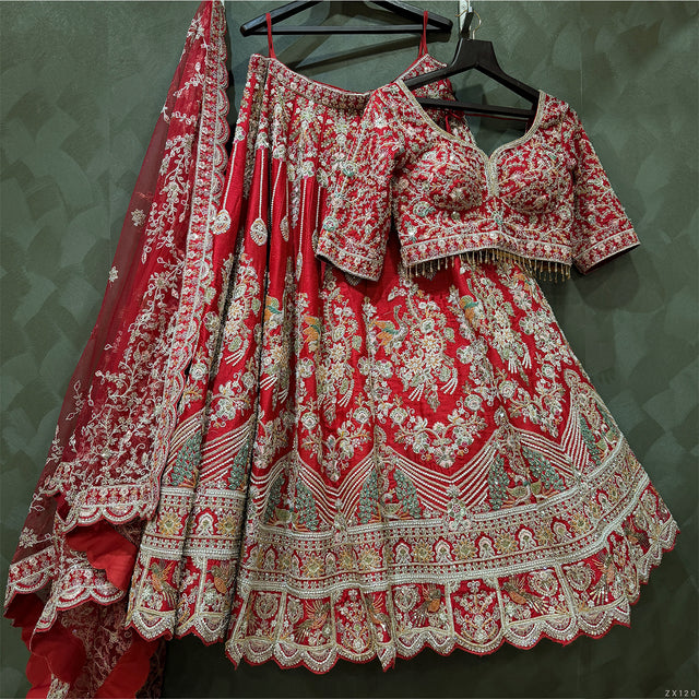 Red bridal lehenga with silver zardosi embroidery, flared skirt and double dupatta