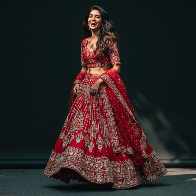 Royal red bridal lehenga skirt with ornate gold embroidery and matching blouse