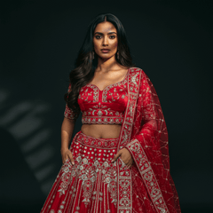 Royal red embroidered bridal lehenga blouse and dupatta with gold detailing