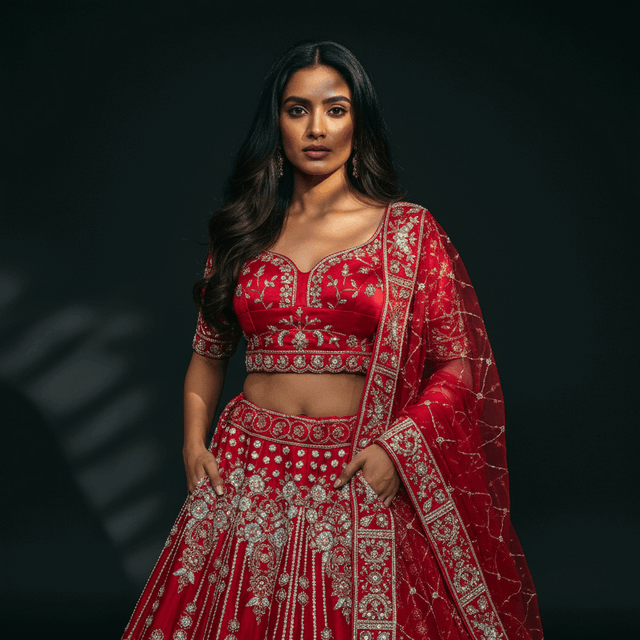 Royal red embroidered bridal lehenga blouse and dupatta with gold detailing