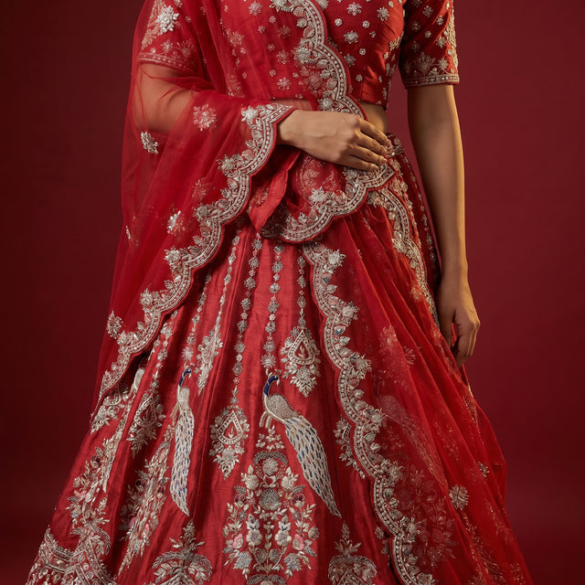 Red bridal lehenga skirt with silver zardosi embroidery and ornate border detailing