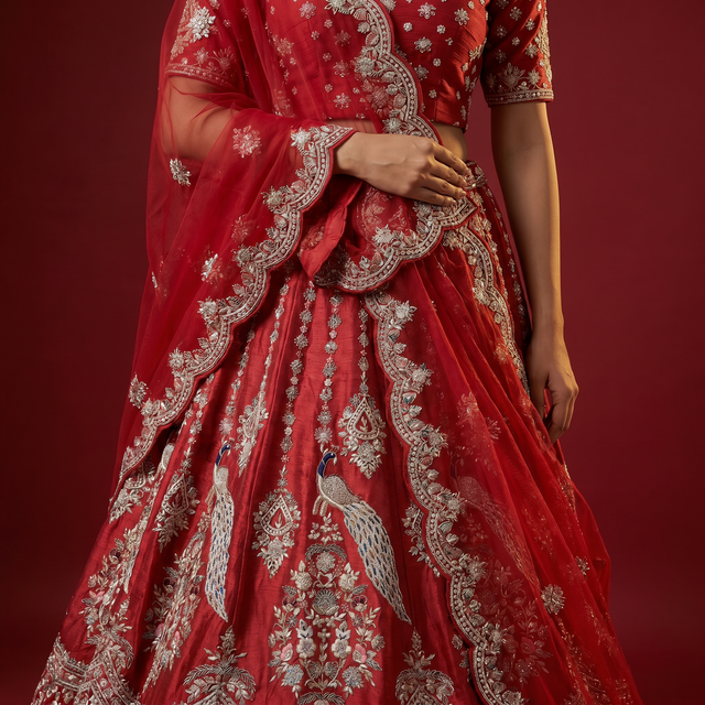 Red lehenga skirt with dense silver-toned zardosi embroidery and peacock motifs