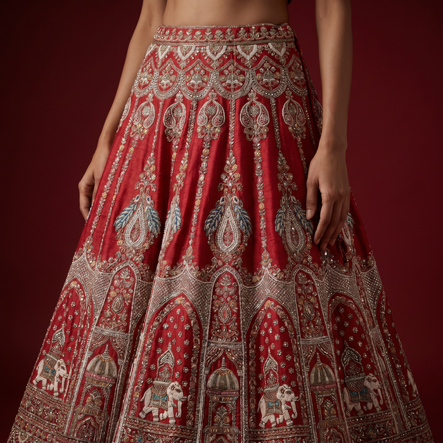Red lehenga skirt with large ornate silver motifs and coin-like embroidery trim