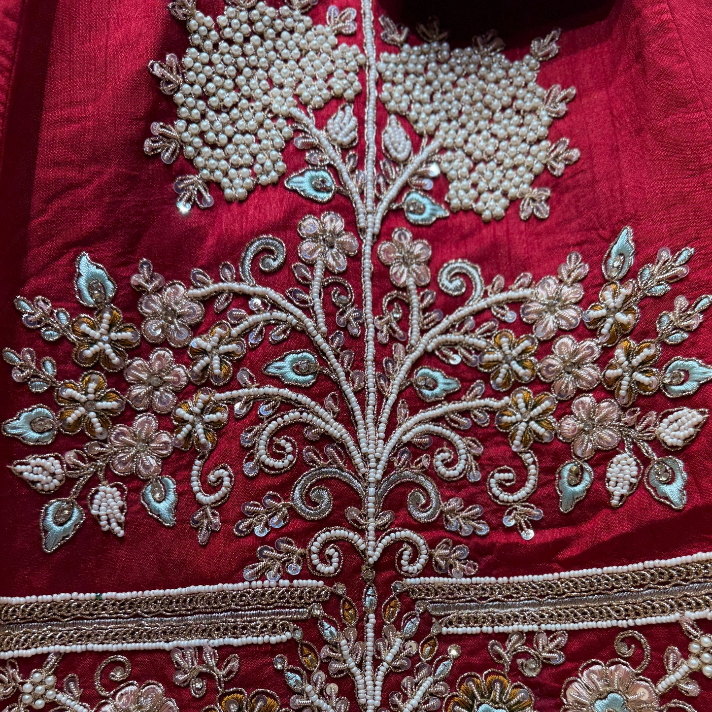 Amrapali - Vertical Pattern Cutdana Pearls Handcrafted Bridal Lehenga