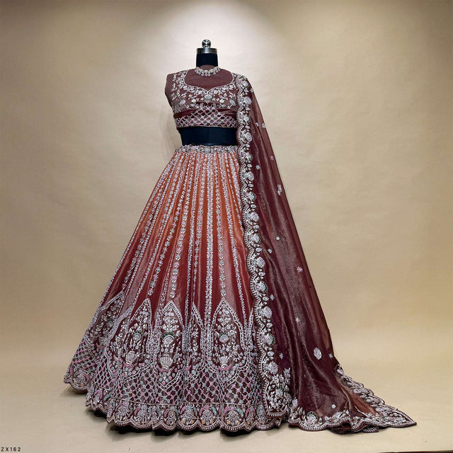Ombre designer lehenga with maroon bodice, silver zardosi embroidery and full flared skirt