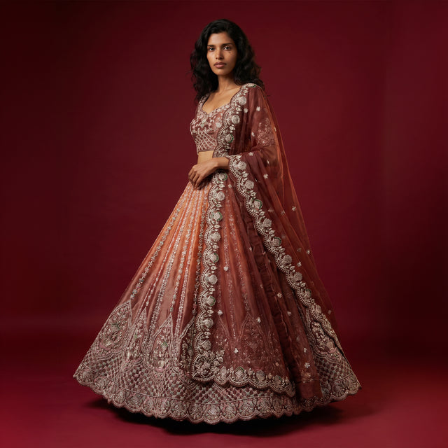 Ombre dusty pink lehenga skirt with ornate silver zardosi embroidery and border details
