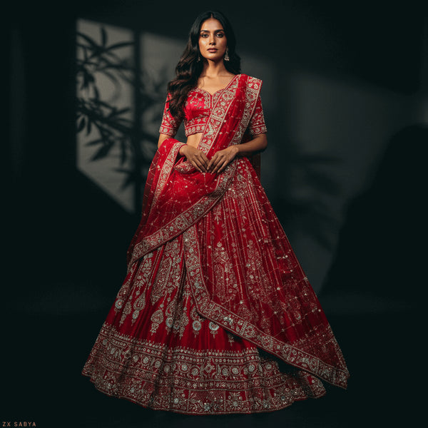 Royal red bridal lehenga with gold Zardosi embroidery and ornate border details