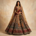 Bridal lehenga with matching dupatta, maroon and teal floral brocade, ornate hem