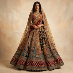 Bridal lehenga with matching dupatta, maroon and teal floral brocade, ornate hem