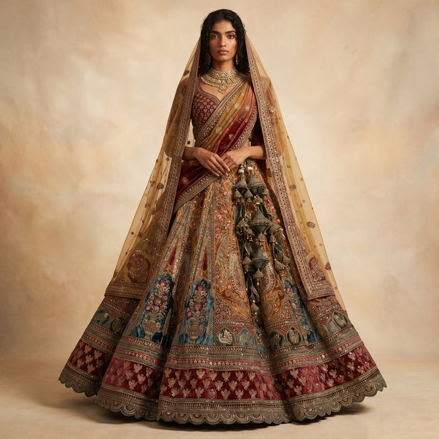 Bridal lehenga with matching dupatta, maroon and teal floral brocade, ornate hem