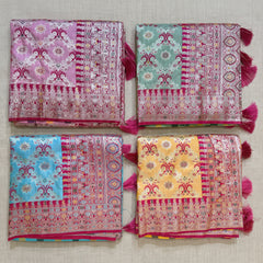 Banarasi Art Silk Gifting Saree with Meenakari Diamond Jaal & Rani Pink Border in four colours