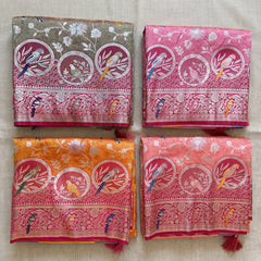 Banarasi Art Silk Gifting Saree with Parrot Medallion Border in four colours
