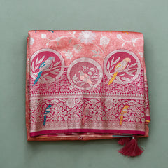 Banarasi Art Silk Gifting Saree with Parrot Medallion Border in peach and rani pink, folded